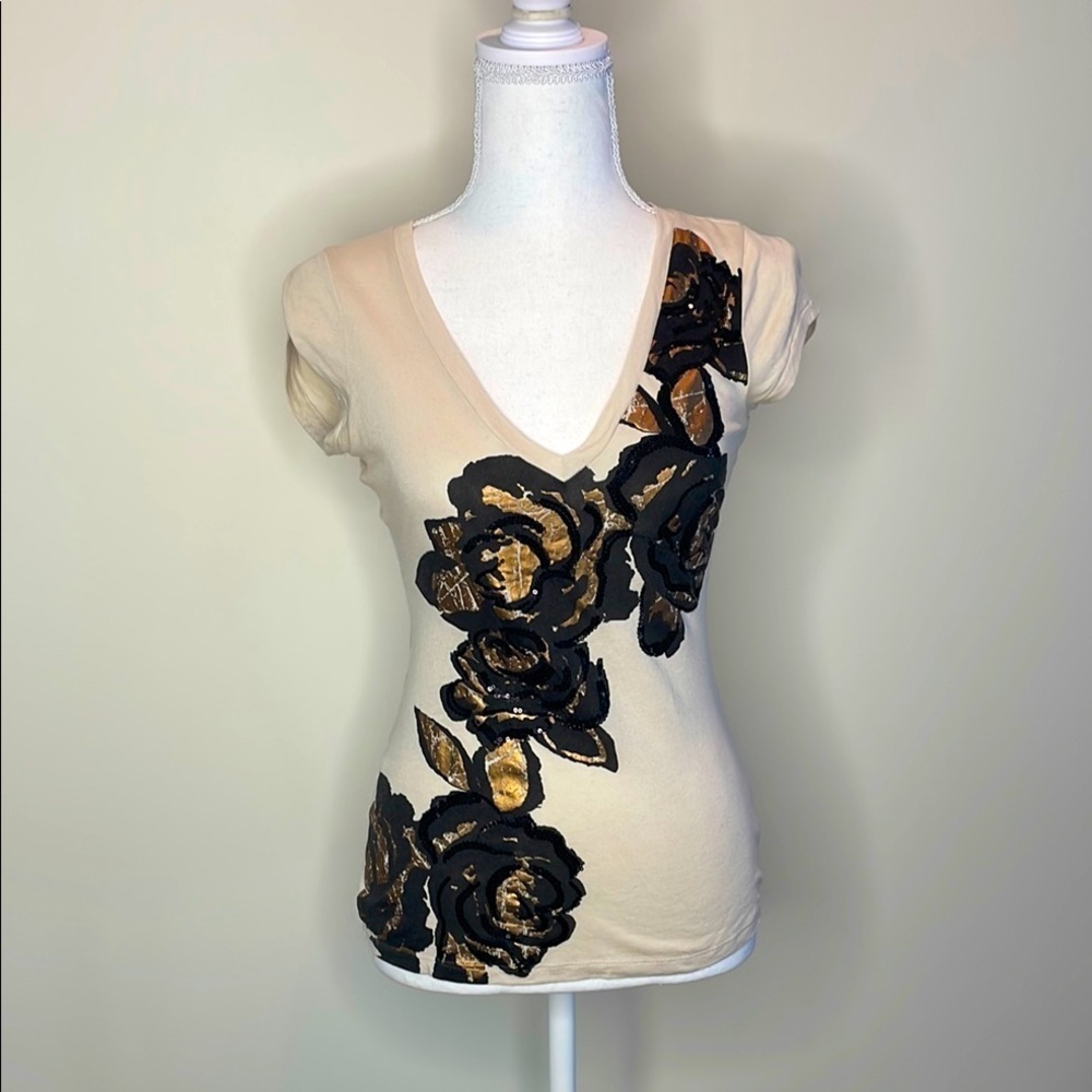 Express Elegant Black and Gold Floral Women's Top with Sequins